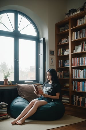 professional photography by Alessio Albi,raw movie poster, Rhaenyra, Megafox, AngelaWhite, a girl in her early twenties with long black hair, donning a white t-shirt and shorts, comfortably seated on a bean bag indoors, surrounded by a pile of books, bookshelf in the background slightly blurred, warm natural light trickling in from a window, portraying a cozy and inviting scene with a focus on the joy of reading, illustrated in a whimsical and stylized manner