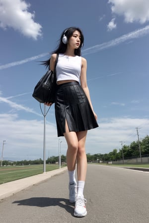 from below,1girl, solo, skirt, shirt, black hair, standing, full body, white shirt, outdoors, sky, shoes, sleeveless, day, socks, black skirt, medium hair, headphones, white footwear, standing on one leg, sneakers, pencil skirt