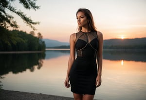 A beautiful young woman wearing a black sleeveless dress with a sheer top. The dress fits her slim figure, accentuating her curves, and has a sophisticated, elegant look. She is standing by a serene lake at sunset, with the warm light reflecting on the water, creating a romantic and peaceful atmosphere. The background features soft, muted colors of the setting sun, and a few distant trees add to the scenic view. The overall image exudes a sense of calm and natural beauty,
BREAK,
highly detailed,high budget,cinemascope,moody,epic,gorgeous,film grain,grainy,masterpiece,best quality,perfect anatomy,very aesthetic,official art,8k,