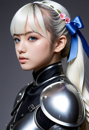 i want the whole image to be created in 3D anime style, 1girl, solo, long hair, looking at viewer, bangs, blue eyes, simple background, hair ornament, ribbon, closed mouth, hair ribbon, ponytail, white hair, sidelocks, black gloves, blunt bangs, armor, mole, from side, lips, looking to the side, petals, mole under eye, black background, portrait, tress ribbon, realistic, nose, kamisato ayaka