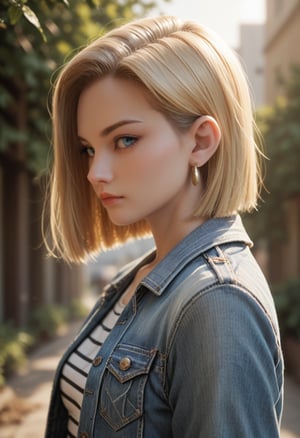 score_9, score_8_up, score_7_up, score_6_up, score_5_up, score_4_up,
BREAK 
from side, 1girl, solo, looking at viewer, short hair, blue eyes, blonde hair, shirt, jewelry, closed mouth, jacket, upper body, earrings, outdoors, day, striped, blurry, from side, lips, looking to the side, eyelashes, sunlight, denim, striped shirt, realistic, nose, denim jacket, android 18