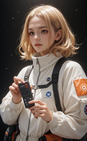 score_9, score_8_up, score_7_up, score_6_up, score_5_up, score_4_up,
BREAK 
a woman with long blonde hair holding a remote control, inspired by Leiko Ikemura, pixiv, modern space suit, chell, pristine and clean, marisa kirisame