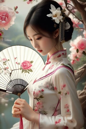 he image depicts a scene that evokes a traditional and romantic atmosphere, focusing on a woman adorned in a traditional Chinese dress. The dress is predominantly white with pink floral patterns, and she holds a white hand fan, which also features a floral design, presumably magnolia or pink flowers. Her hair is styled in a manner reminiscent of traditional Chinese aesthetics, adorned with white Jade and pink flowers, enhancing the vintage and cultural undertones of the image. She is positioned with her back to the viewer, suggesting a moment of reflection or introspection.