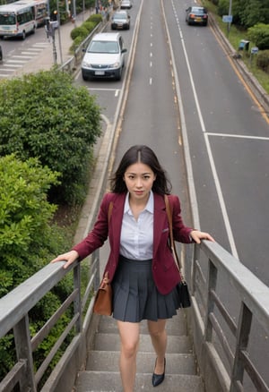 From an elevated viewpoint, the camera captures her petite frame treading the pedestrian overpass. Her maroon blazer and pleated skirt suggest a school uniform, bag slung across complementing the scholarly ensemble. One hand clutches a beverage, while the other hangs freely by her side as she strides with purpose, seemingly oblivious to the traffic passing beneath her perch high above the urban landscape.