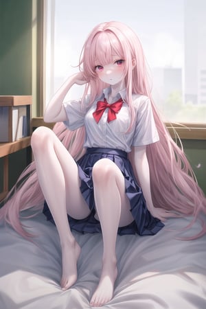 score_9,score_8_up,score_7_up,highly detailed,high budget,masterpiece,best quality,perfect anatomy,very aesthetic,8k,(shiny_skin,miserable white skin,pale skin:1.2),full_body,
1girl,skirt,long hair,shirt,looking at viewer,pink skirt,sitting,pleated skirt,white shirt,short sleeves,collared shirt,school uniform,arm support,pantyshot,shirt tucked in,fluffy hair,air bangs,very long hair,thin,thin_waist,long_legs,