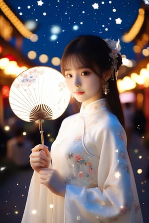 Girl in white Chinese attire with a fan, in a starlit night setting with nearby lights suggesting festivity.