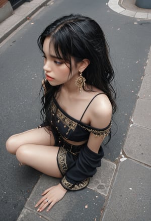 (top down view:1.4),masterpiece,best quality,hyper quality,8k,absurdres,insane details,intricate details,hyperdetailed,high detail,ultra detailed,realistic,black hair,long hair, jewelry, earrings, looking away, 1girl, solo,full body, sitting, on the street,