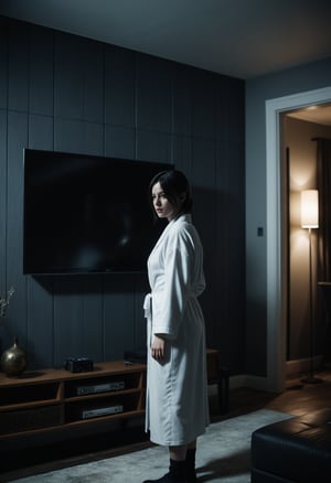 A super precise 3D render in the style of Resident Evil, depicting a modern living room with an unsettling undertone and eerie details. In the room, a black-haired girl in a white robe is emerging halfway out of a wall-mounted TV, with her upper body still hidden inside. The room is furnished with modern furniture, but the atmosphere is dark and filled with shadows, creating a sense of horror. The lighting is dark and shadowy, with high contrast between light and dark areas, and the textures are realistic. The focus is on creating an unsettling visual effect reminiscent of a horror narrative,
BREAK,
dramatic lighting,highly detailed,high budget,bokeh,cinemascope,moody,epic,gorgeous,film grain,grainy,masterpiece,best quality,perfect anatomy,very aesthetic,official art,8k,