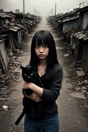 a girl with long hair holding a mysterious black cat, by Junji Ito, featured on Pixiv, auto-destructive art, set in slums, surreal neuron city, hyper-detailed illustration, intricate line work, eerie and unsettling atmosphere, highly detailed expressions and textures,bandaid girl