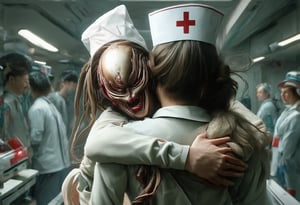 close up, horror movie, photorealistic, face hug, on shoulders, shoulder carry, carrying, arms on head, Hospital, from behind, nurse, nurse hat