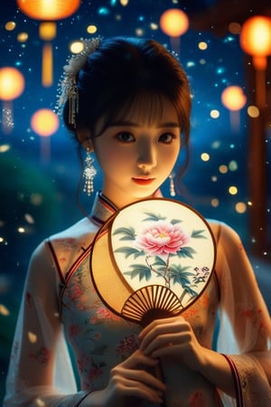 professional photography by Alessio Albi,Chinese girl, traditional cheongsam with peony pattern, delicate Chinese circular fan, silk fan surface, long bamboo fan handle body, very detailed details of the girl's face, holding a circular fan, long bamboo fan handle, Chinese calligraphy characters written on the fan surface, in a starry night environment with nearby lights suggesting the holiday season. Highly detailed, cinematic lighting, 8K resolution.