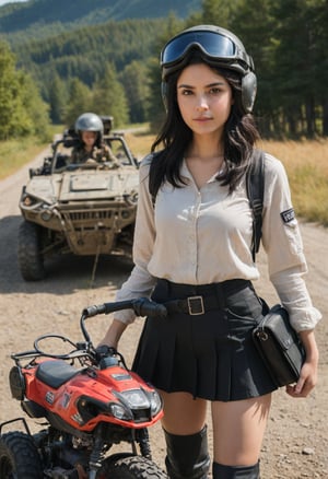 1girl, solo, skirt, black hair, outdoors, bag, helmet, goggles, ground vehicle, motor vehicle, goggles on head, photo background