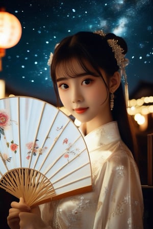 professional photography by Alessio Albi,Chinese girl, traditional cheongsam with peony pattern, delicate Chinese circular fan, silk fan surface, long bamboo fan handle body, very detailed details of the girl's face, holding a circular fan, long bamboo fan handle, Chinese calligraphy characters written on the fan surface, in a starry night environment with nearby lights suggesting the holiday season. Highly detailed, cinematic lighting, 8K resolution.