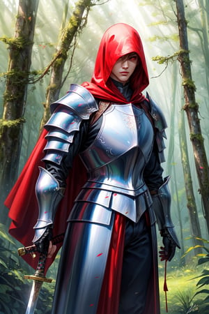 An albinic male knight with long hair, wearing a red hood, clad in heavy armor, and wielding a long sword. (best quality, ultra-detailed, realistic:1.37), with vivid colors, and sharp focus. The knight stands in a misty forest, with sunlight filtering through the trees, creating a dramatic lighting effect. The knight's armor is intricately designed with engravings and polished to a high shine, emphasizing the level of detail. The forest is rich with various shades of green, with vibrant flowers scattered across the ground. The knight's red hood contrasts beautifully with the natural surroundings, adding a touch of mystery and intrigue.