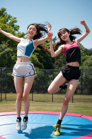 Two young Japanese girls playing on a trampoline, wearing casual sportswear, sunny outdoor setting, smiling and having fun, dynamic action shot, anime style, vibrant colors, detailed background, energetic and joyful atmosphere