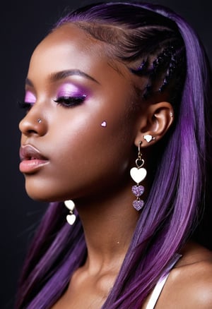 1girl, solo, long hair, jewelry, purple eyes, purple hair, heart, earrings, dark skin, from side, dark-skinned female, makeup, piercing, half-closed eyes, ear piercing, heart print, very dark skin, nose piercing