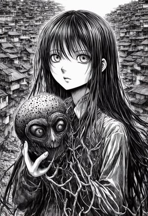 Japanese horror comic, black and white drawing of a girl with long hair holding a alien head, manga style by Junji Ito, featured on Pixiv, auto-destructive art, set in slums, surreal neuron city, hyper-detailed illustration, inspired by Guts from Berserk, intricate line work, eerie and unsettling atmosphere, highly detailed expressions and textures,hdgs