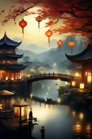 The description combines elements that are consistently mentioned across the different interpretations of the scene, such as the traditional Chinese attire, the floral hand fan, the full moon, the river with lanterns, and the overall atmospheric qualities, to present a unified and vivid imagery. The artistic rendering emphasizes cultural heritage, natural beauty, and a profound sense of tranquility and romanticism.