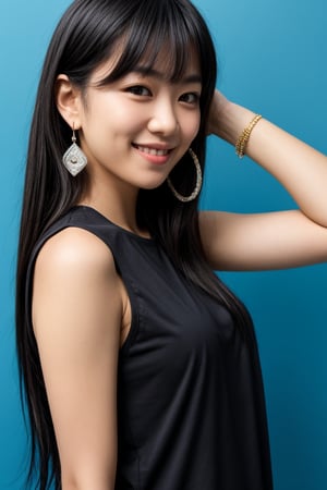 1girl,black eyes,black hair,blue background,earrings,jewelry,long hair,looking at viewer,realistic,shirt,simple background,sleeveless,smile,solo,upper body,