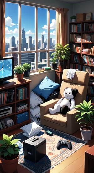 score_9, score_8_up, score_7_up, score_6_up, source_anime, rating_safe,

overloading, sky, indoors, bag, cup, pillow, book, no humans, window, bed, from above, chair, stuffed toy, table, sunlight, bottle, plant, building, box, scenery, couch, mug, city, clock, bookshelf, potted plant, lamp, controller, cityscape, computer, television, cushion, shelf, tissue box, trash can, rug, messy room, loaded interior