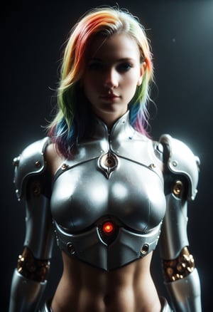 score_9, score_8_up, score_7_up, BREAK, surreal photography of a stunning beautiful cyborg female, rainbow hair, (beauty and detailed armor), embraced, delicate white filigree, intricate filigree, glowing, navel, highly detailed, intricate detailed, face symmetry, masterpiece, award-winning, sharp focus, concept art, low key, 8k, uhd, low key, octane render,Smoothskin