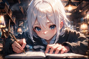A girl with white hair sits at her desk, writing in her journal with a dim lamp illuminating the room, cozy room, lamp, close-up shot Real time shooting with a DSLR camera, ultra realistic and ultra detailed