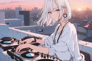  IbukiMio,txznf, High details, high quality, masterpiece, beatuiful, (medium long shot), cinematic urban, 1 woman, alone, play DJ, cute moe anime, fashion pose, fashion face, aesthetic (white hair,clothes aesthetic), rooftop on a sunset in tokyo

