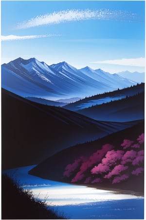 Very beautiful and imponent landscape, brushtrokes in background, sumi-e art painting, Ink art