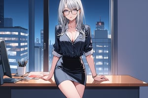 high details, high quality, beautiful, awesome, wallpaper paint art,  background office work, night, city light in window, full body scene, urban lady moe anime, sexy clerk clothing, neckline, semi close eyes, white hair, with glasses, model pose, shadow details, epic draw, nice style