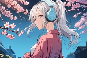 high details, high quality, beautiful, awesome, wallpaper paint art, garden in the night, background sakura tree, picture back view from behind, warm tone, urban lady seinen anime, retro anime, semi close eyes, white hair, listen music with female headphones in head, liying on back pose, shadow details, epic draw, nice style