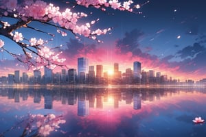  high details, high qualitt, beautiful, awesome, wallpaper paint art, Sakura blossom tokyo, city sunset background, reflection details, ambient light