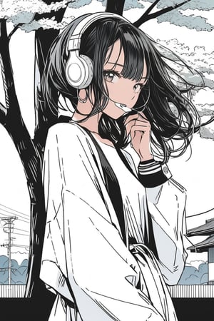 low details, high quality, beautiful, awesome, coloring page, rural tokyo, background sakura tree, only black annd white color, urban woman seinen anime, retro anime, side face, with headphones, fashion pose, shadow details, epic draw