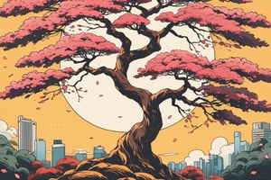  high details, high qualitt, beautiful, awesome, wallpaper paint art, sakura tree, tokyo, autumn, warm tone