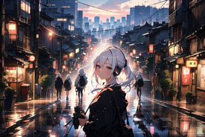 high details, high quality, beautiful, awesome, night, street urban tokyo, woman anime, from below, looking floor, semi close eyes, fashion clothing, white hair, with headphones in head, urban pose, shadow details, close up shot, Real time shooting with a DSLR camera, ultra realistic and ultra detailed