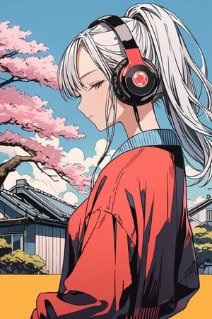 high details, high quality, beautiful, awesome, wallpaper paint art, rural tokyo, background sakura tree, picture back view from behind, warm tone, urban woman seinen anime, retro anime, close eyes, white hair, side face, with headphones, fashion pose, shadow details, epic draw