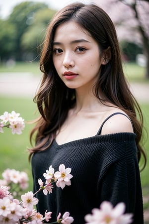 1girl, solo, long hair, brown hair, upper body, blurry, black eyes, lips, depth of field, leaf, plant, blurry foreground, realistic ,cherry blossoms, blurry foreground by flying small flowers 