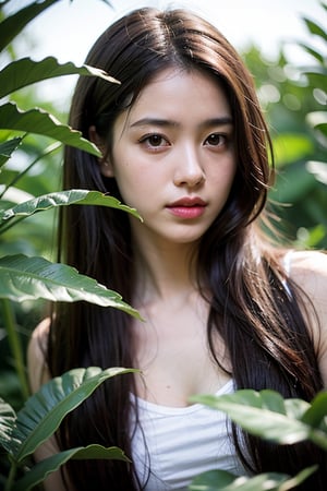 1girl, solo, long hair, brown hair, upper body, blurry, black eyes, lips, depth of field, leaf, plant, blurry foreground, realistic