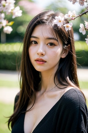 1girl, solo, long hair, brown hair, upper body, blurry, black eyes, lips, depth of field, leaf, plant, blurry foreground, realistic ,cherry blossoms, out of focus foreground and background