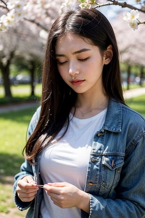 1girl, solo, long hair, black hair, long sleeves, jacket, closed eyes, upper body, flower, blurry, petals, blurry background, blue jacket, cherry blossoms, blurry foreground by flying small flowers 