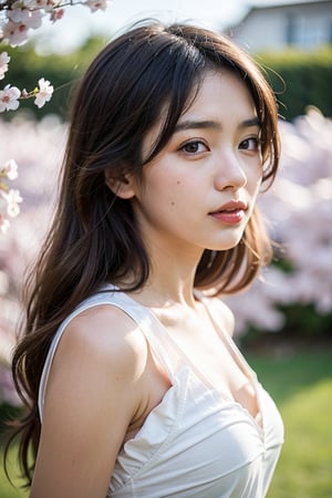 1girl, solo, long hair, brown hair, upper body, blurry, black eyes, lips, depth of field, leaf, plant, blurry foreground, realistic ,cherry blossoms, out of  focus blurry foreground by flying small flowers 