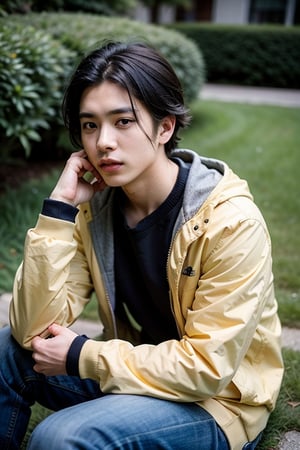 solo, looking at viewer, short hair, shirt, black hair, 1boy, sitting, jacket, male focus, outdoors, blurry, grass, plant, realistic, yellow jacket, blurry, black eyes, lips, depth of field, leaf, plant, blurry foreground, realistic