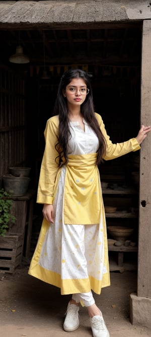 Lovely cute young attractive indian  girl, 20 years old, cute long black_hair,  black  hair,  They are wearing a  pink , patterned yellow kurta and yellow salwar, black sunglass , white shoes. village farm