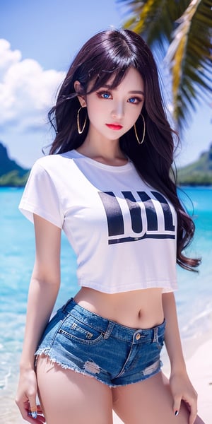 1 girl , solo, Hani, realistic, ((UHD, Highly Detail)), (Intricate Detail:1.3), (Highest Quality:1.3), (Masterpiece:1.3), (Surreal:1.3), {beautiful and detailed eyes}, glossy lips, perfect body, lean body, long legs, Glamor body type, sexy pose, ((a girl wearing oversized tshirts and shorts)), happy smile, ear_rings, at borabora beach resort,sexy pose