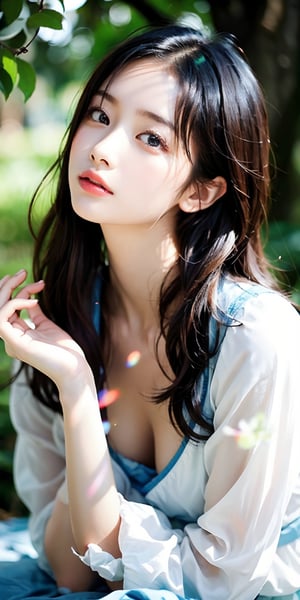  an adorable Japanese 20 years old girl with sparkling and dedicated eyes, wearing cute summer, her hand on her forehead as she looks up at the sky surrounded by green leaves with light shining, looking at the sky cam, lights shiningal, like light shining, looking, lights shiningles, lexing 光 shiningles, lights shiningles, l lights shiningles, lights shininga, lights shiningles, lights shiningles, lights shiningles, lights shiningles, lights shiningles, lights shiningles, lights shiningles, lights shiningles, lights shiningles, lights shiningles, lights shiningles, l lights shiningles, lights shininga, lights shiningles, lights shiningles, lights shininga, looking, lights。 glow in front of her face, The sunlight filters through the branches, creating a magical atmosphere, creating beautiful light effects on her skin, lens flare effects, capturing a sense of childlike innocence, bir resolution-stylize 300,Japanese,perfect light,beauty