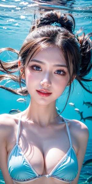 A photorealistic portrait of a 23-year-old Taiwanese woman swimming gracefully in the sea around a vibrant coral reef. She has smooth, sun-kissed skin, and is wearing a white micro-bikini that contrasts against the deep blue of the ocean. Her hair flows freely in the water, moving gently with the currents. The scene is filled with joy and happiness, as she is surrounded by a variety of colorful sea animals like fish, turtles, and perhaps a dolphin in the distance. Bright, warm light streams down from the water’s surface, illuminating her and the coral below, creating a shimmering effect. The overall atmosphere is peaceful and vibrant, capturing the beauty of the underwater world.