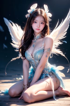 masterpiece, top quality, (arafed woman in a blue dress sitting on the floor that full of white feathers, ethereal beauty, wearing a feather dress, ethereal fantasy, xianxia fantasy, ethereal fairytale, dress made of feathers, blue feathers, incredibly ethereal, soft feather, fantasy beautiful, full body made of white feathers, jingna zhang, white feathers, chinese fantasy, a stunning young ethereal figure), extreme detailed, (abstract, fractal art:1.3), isometric, highest detailed, (feather), ghost.,1girl, most beautiful korean girl, Korean beauty model, stunningly beautiful girl, gorgeous girl, 18yo, over sized eyes, big eyes, smiling, looking at viewer,realhands,best quality