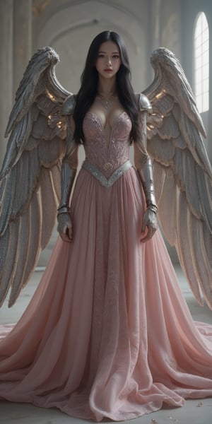 In this mesmerizing scene, a gothic girl stands majestically against a backdrop of opulent marble splendor. Her porcelain-white skin and flowing black hair create a stark contrast against the soft pink fabric of her gown, intricately woven with lace and satin. The iron armor she wears, engraved with steel runes, tells a tale of grandeur and strength. Behind her, mechanical wings, sparkling like stars, unfold gracefully, defying conventional beauty. Amidst the ghostly echoes of a lavish past, she moves with poetic chaos, her dark, enigmatic eyes capturing the melancholy essence of a world suspended between the audacious legacy of its history and the innovative promise of its future.,FuturEvoLabMecha,FuturEvoLabArmor