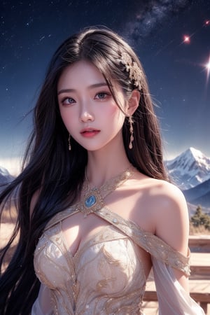  The image depicts an Asian female pyromancer wearing an intricate low-shoulder, blue and white dress with flowing black hair falling over her shoulders. Her face carries a sly intelligence and seductive smile, and her posture is dynamic and graceful.  In the background, spectacular mountains and brilliant starry sky add to the atmosphere of mystery and grandeur.