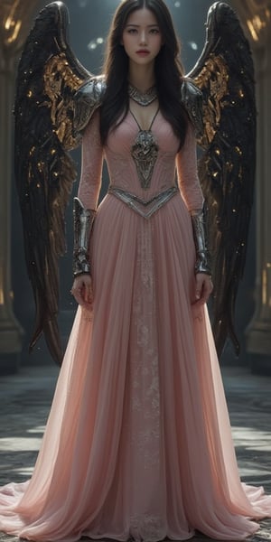 In this mesmerizing scene, a gothic girl stands majestically against a backdrop of opulent marble splendor. Her porcelain-white skin and flowing black hair create a stark contrast against the soft pink fabric of her gown, intricately woven with lace and satin. The iron armor she wears, engraved with steel runes, tells a tale of grandeur and strength. Behind her, mechanical wings, sparkling like stars, unfold gracefully, defying conventional beauty. Amidst the ghostly echoes of a lavish past, she moves with poetic chaos, her dark, enigmatic eyes capturing the melancholy essence of a world suspended between the audacious legacy of its history and the innovative promise of its future.,FuturEvoLabMecha,FuturEvoLabArmor