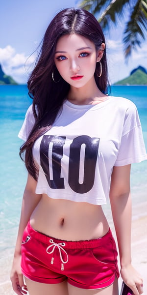 1 girl , solo, Hani, realistic, ((UHD, Highly Detail)), (Intricate Detail:1.3), (Highest Quality:1.3), (Masterpiece:1.3), (Surreal:1.3), {beautiful and detailed eyes}, glossy lips, perfect body, lean body, long legs, Glamor body type, sexy pose, ((a girl wearing oversized tshirts and shorts)), happy smile, ear_rings, at borabora beach resort,sexy pose